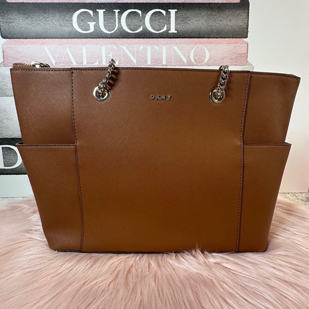 DKNY Tan Leather Tote with Chain Straps